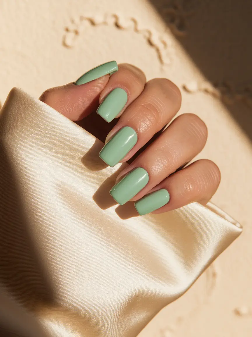 Mint green square nails with glossy finish, ideal for fresh and vibrant styles.