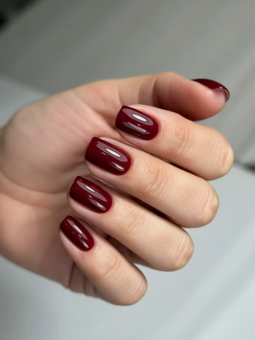 Rich burgundy square nails with a glossy finish, perfect for elegant and bold statements.