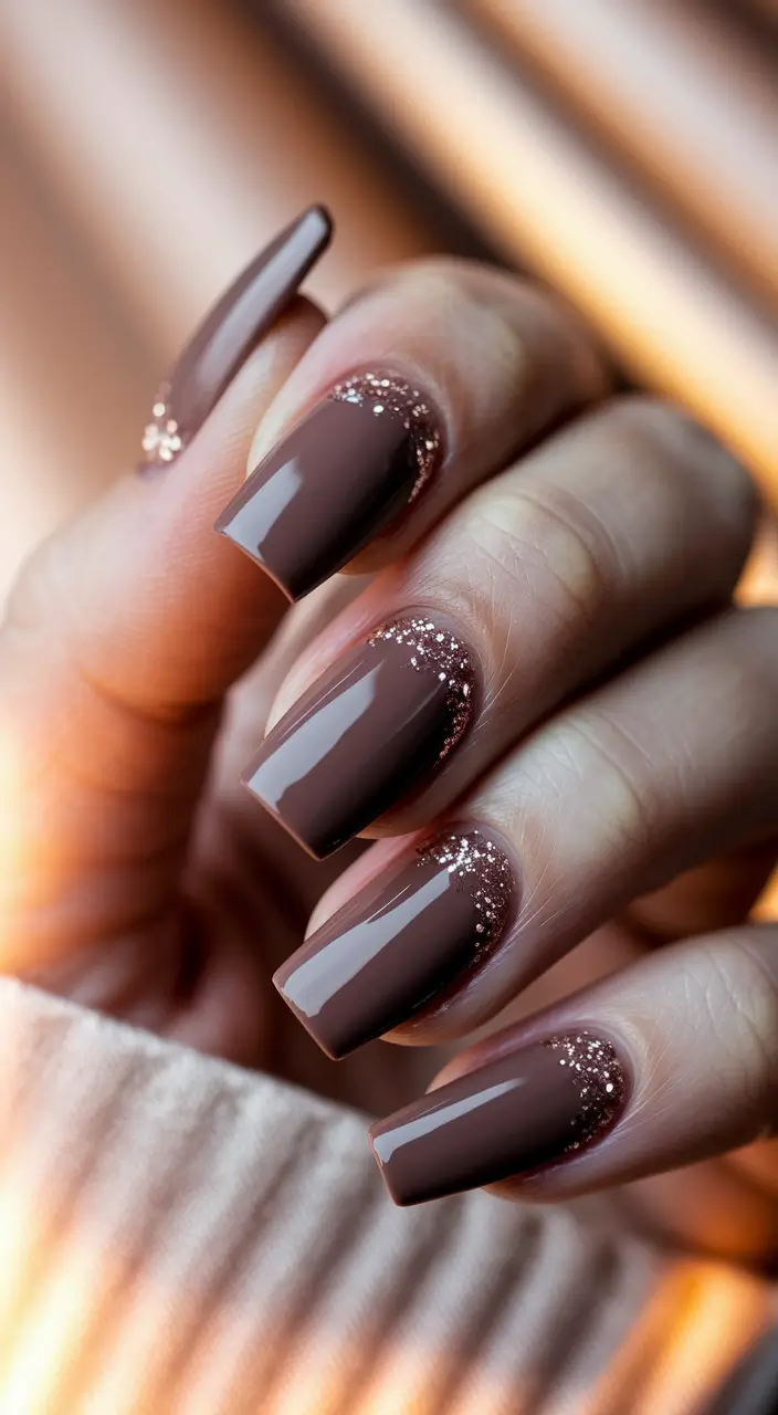 Mocha brown square nails with glitter tips, suitable for cozy and chic styles.