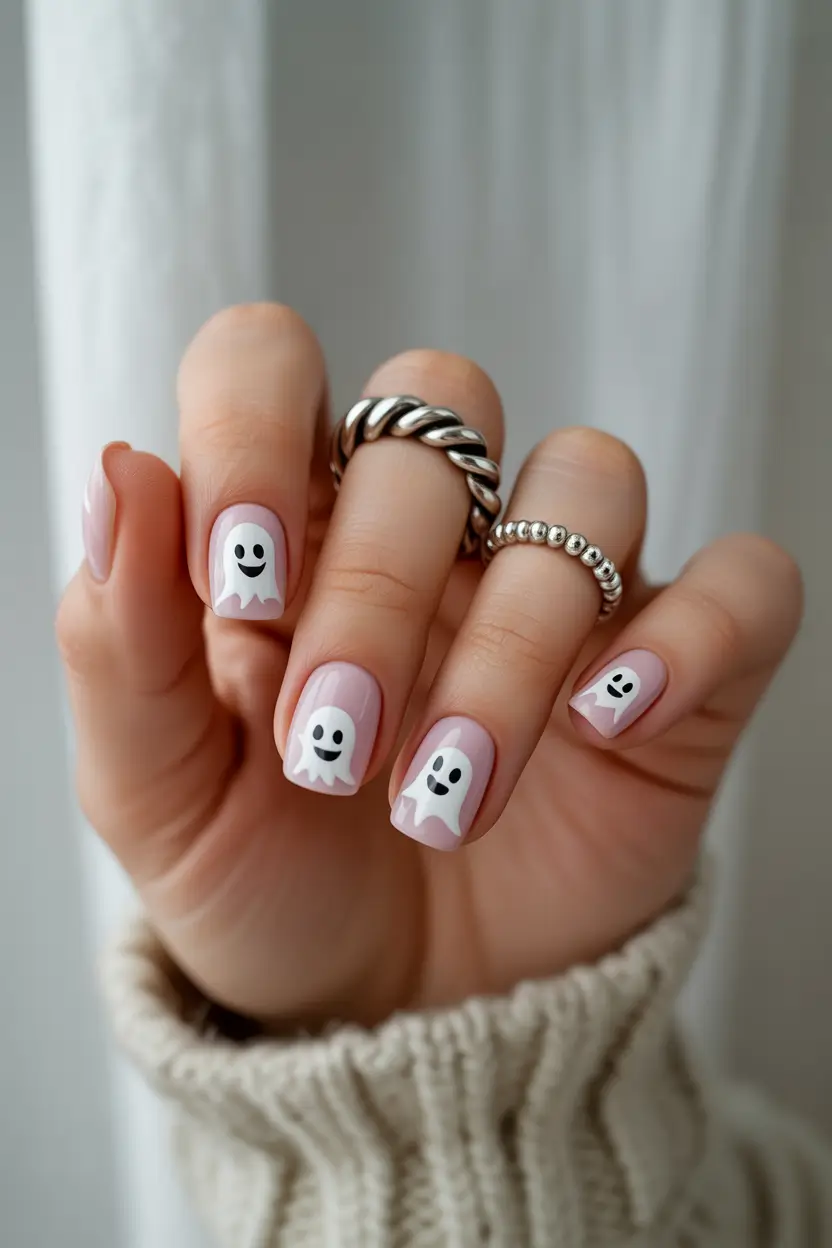 Cute ghost nail art on square nails, perfect for playful and festive Halloween looks.