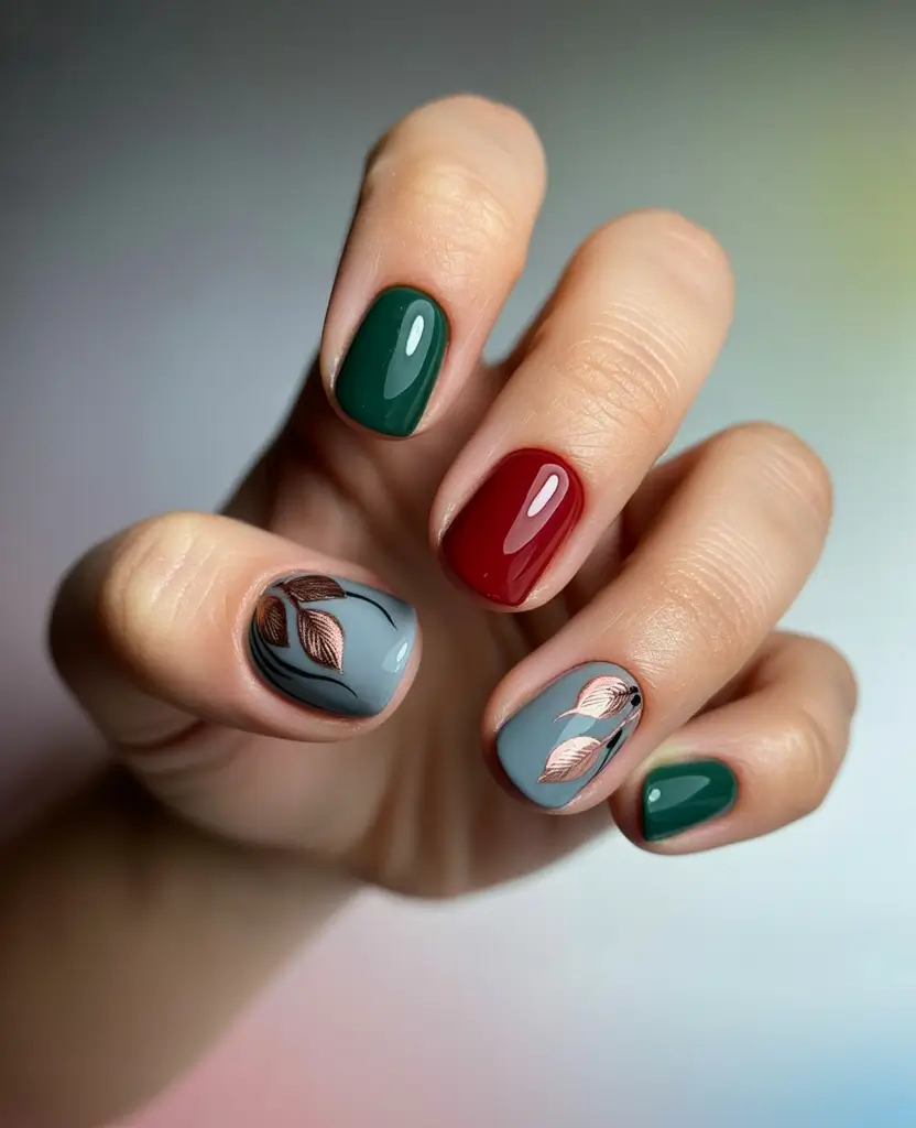 Mixed color nails with leaf art, perfect for creative and seasonal styles.