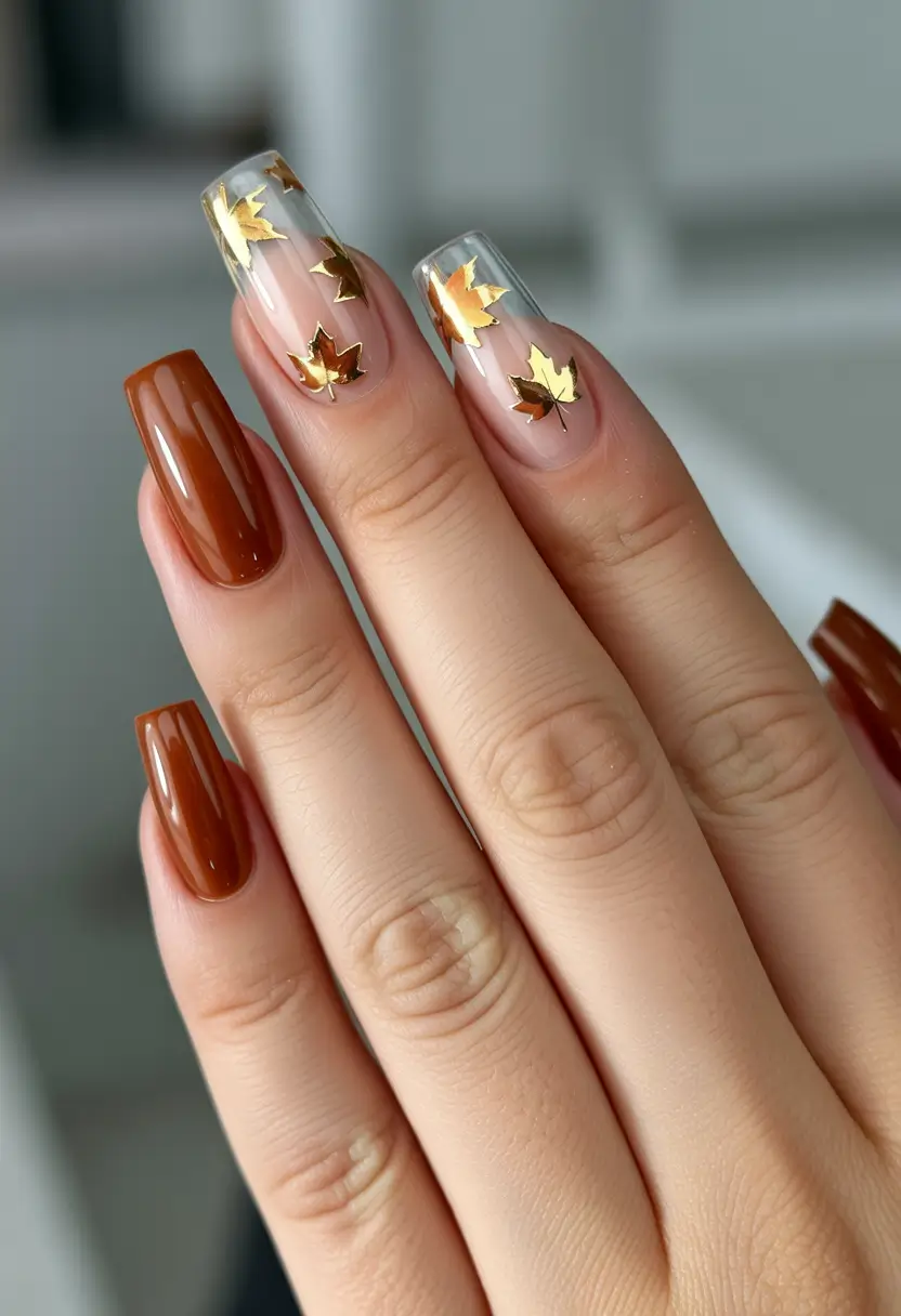 Brown nails with clear leaf accents, ideal for autumnal and stylish looks.