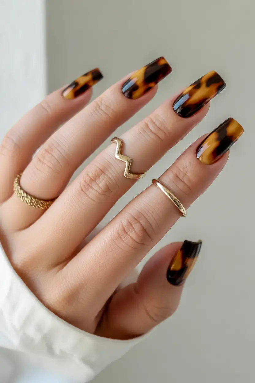 Tortoiseshell square nails, perfect for trendy and sophisticated styles.