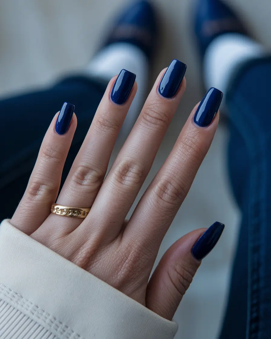Glossy navy square nails, ideal for sophisticated and classic styles.