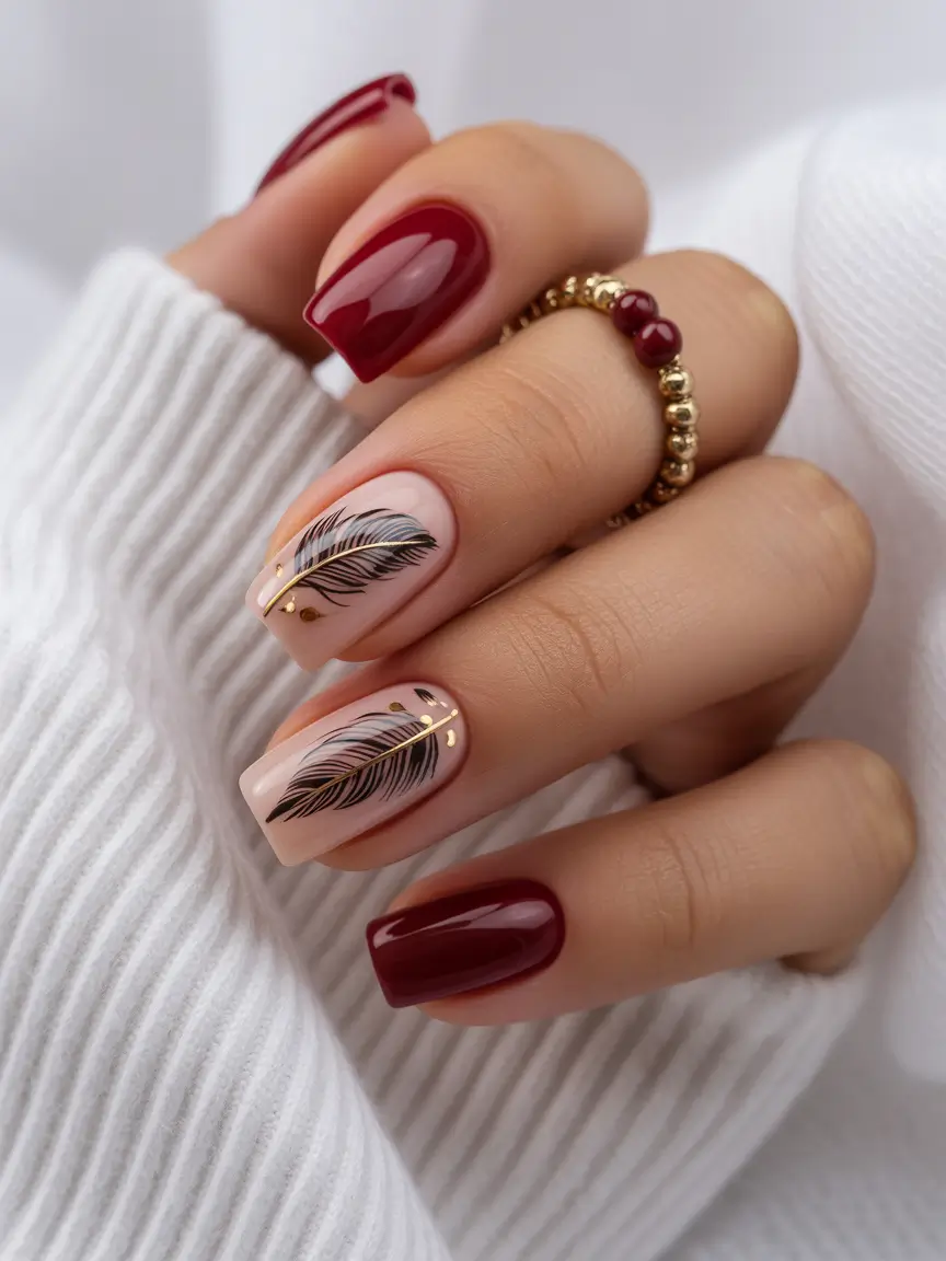 Burgundy nails with feather art, perfect for creative and elegant styles.