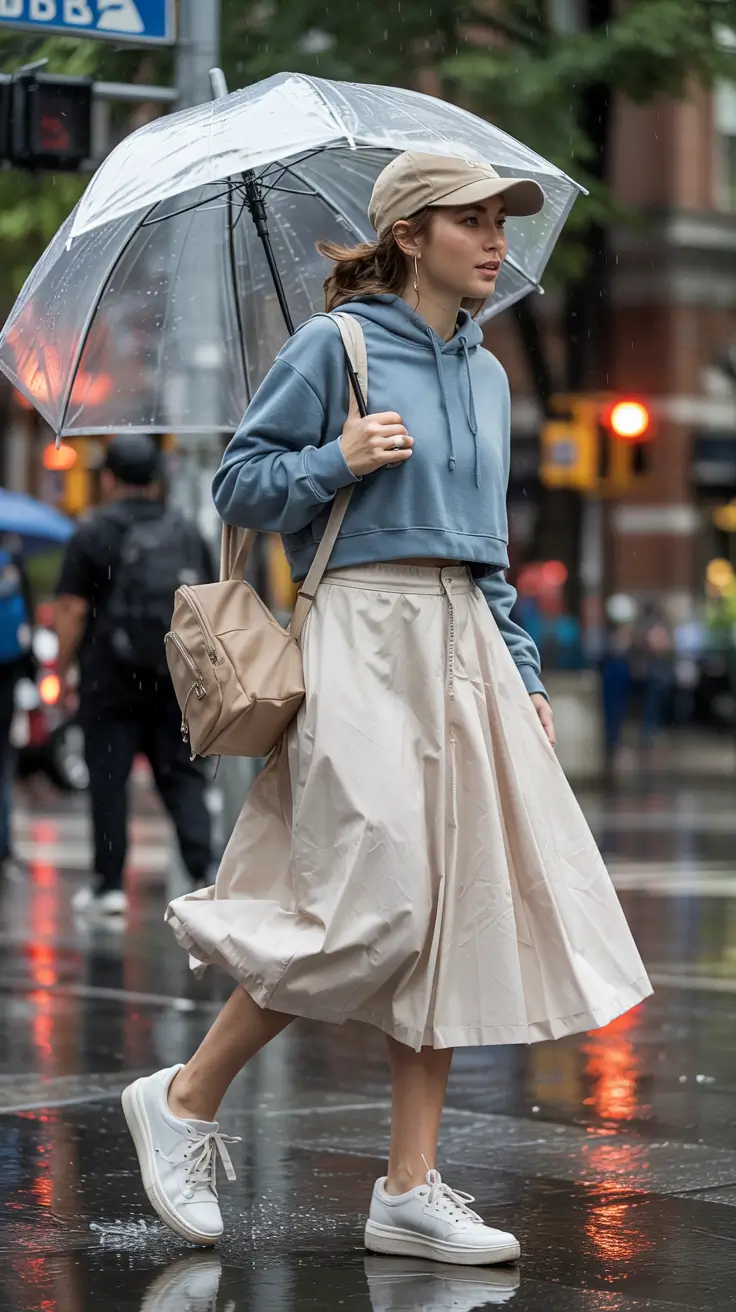 Sporty chic look with hoodie and midi skirt for rainy day
