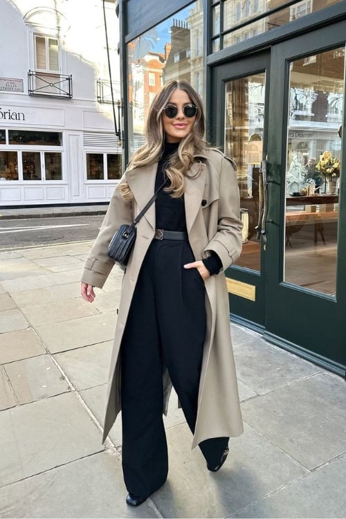 Classic trench coat over all-black outfit