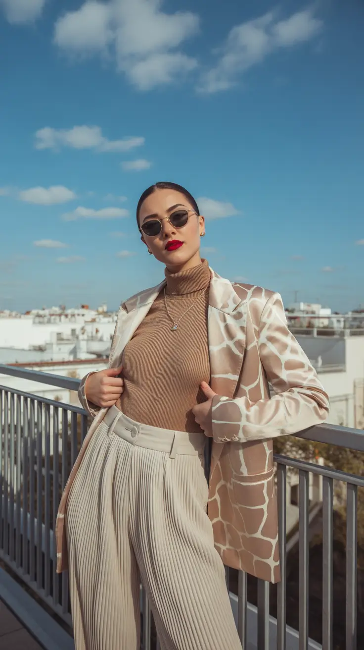 Statement blazer with textured turtleneck and trousers