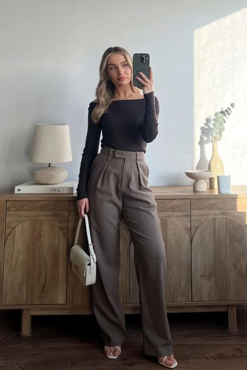 Minimalist top with high-waist trousers