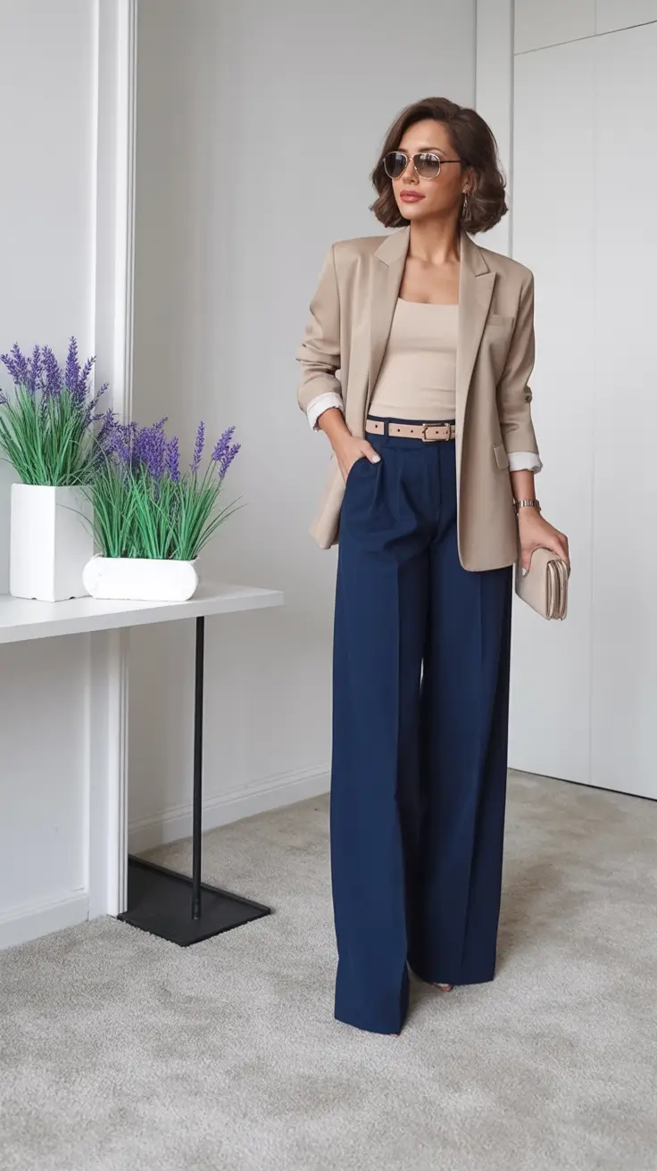 Neutral blazer with wide-leg trousers for office