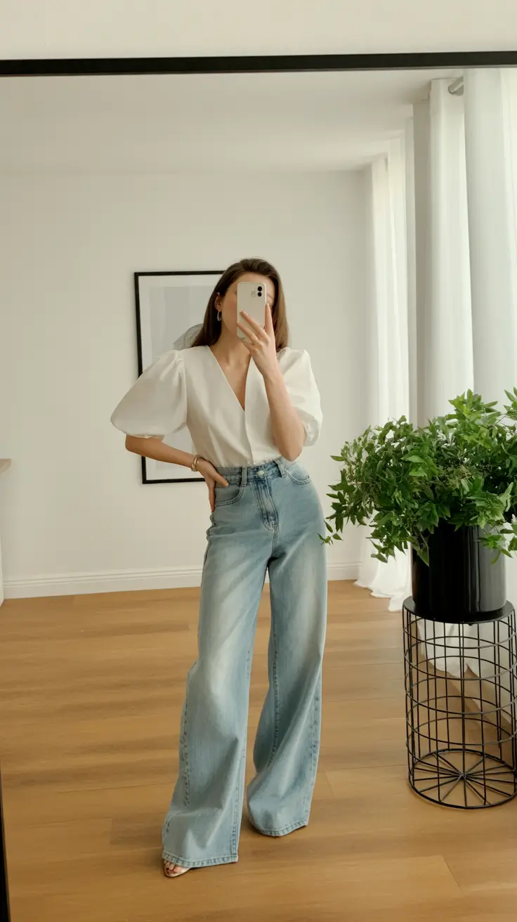 Puff sleeve blouse with wide-leg jeans