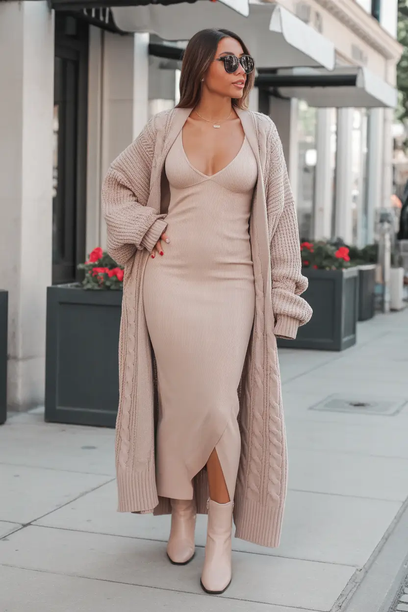 Knit dress with chunky cardigan for fall
