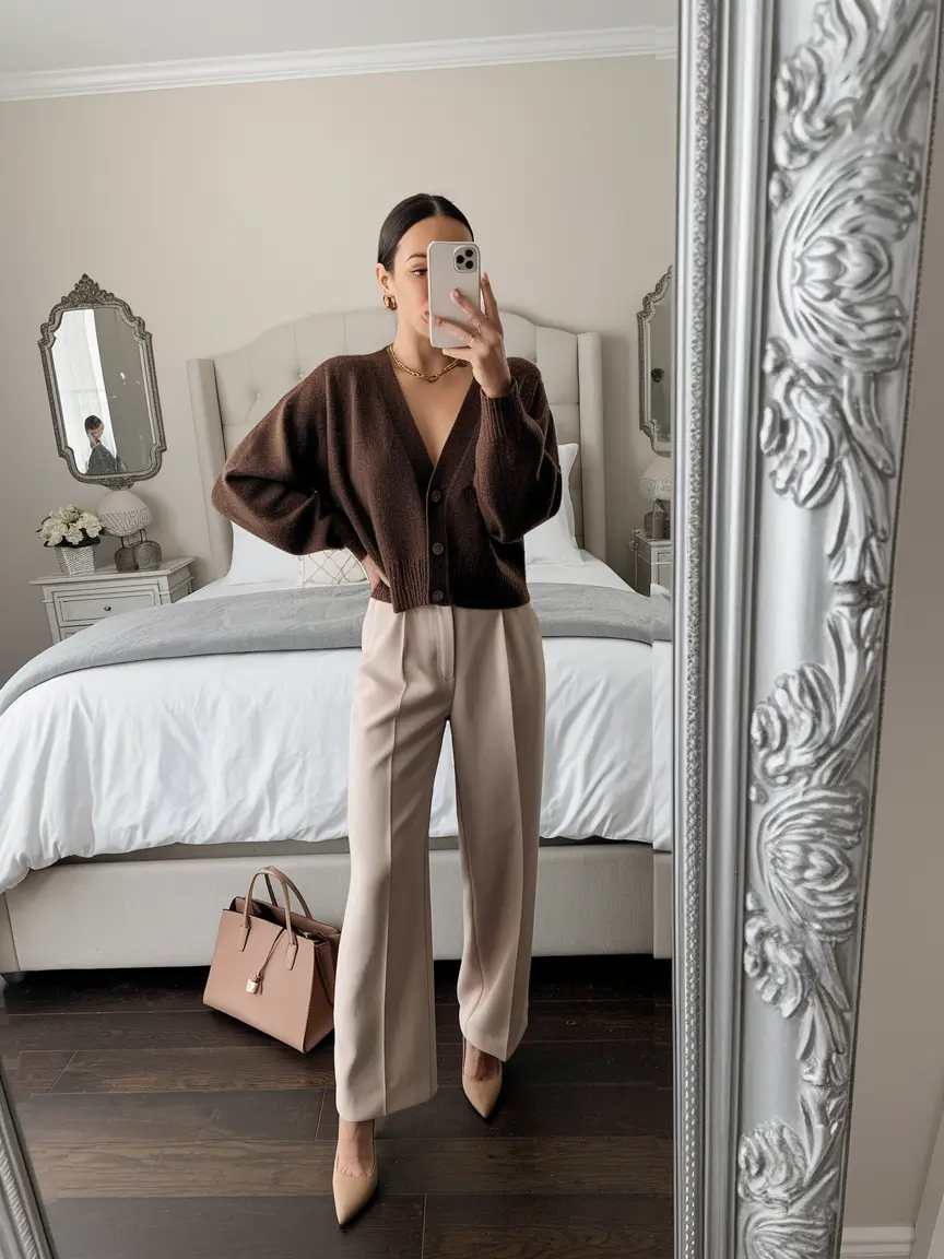 Cardigan with tailored trousers for autumn