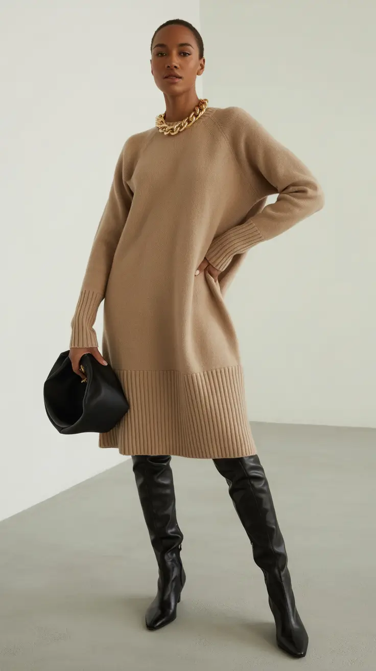 Knit dress with knee-high boots