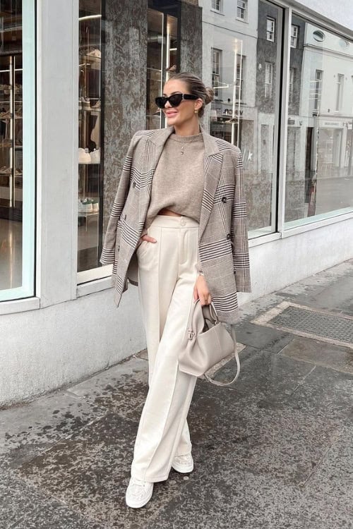 Plaid blazer with neutral layers