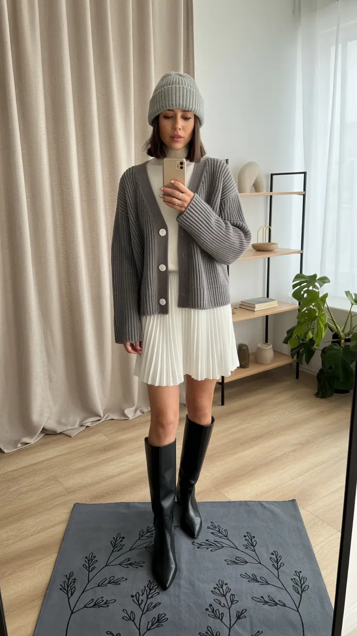 Cardigan and pleated skirt with boots