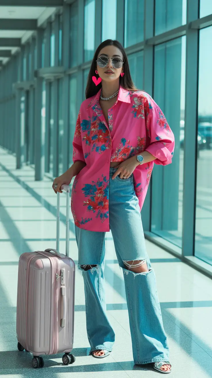 Bold floral shirt with ripped jeans for travel