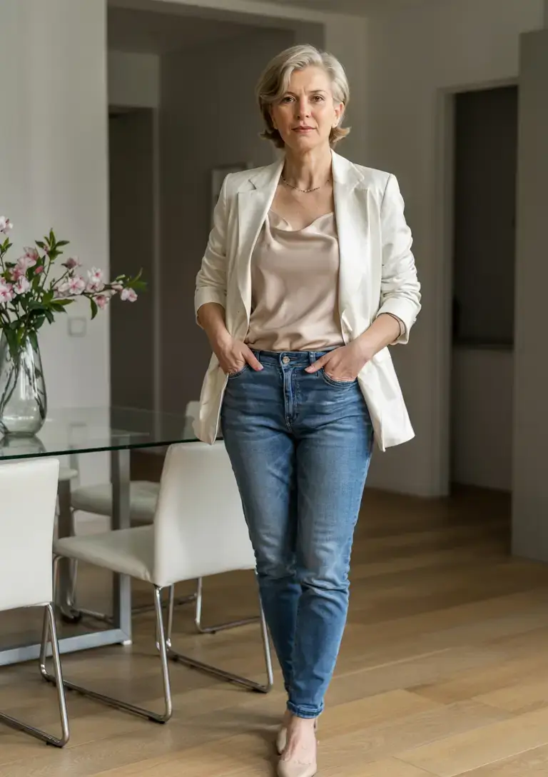 Smart casual cream blazer with jeans