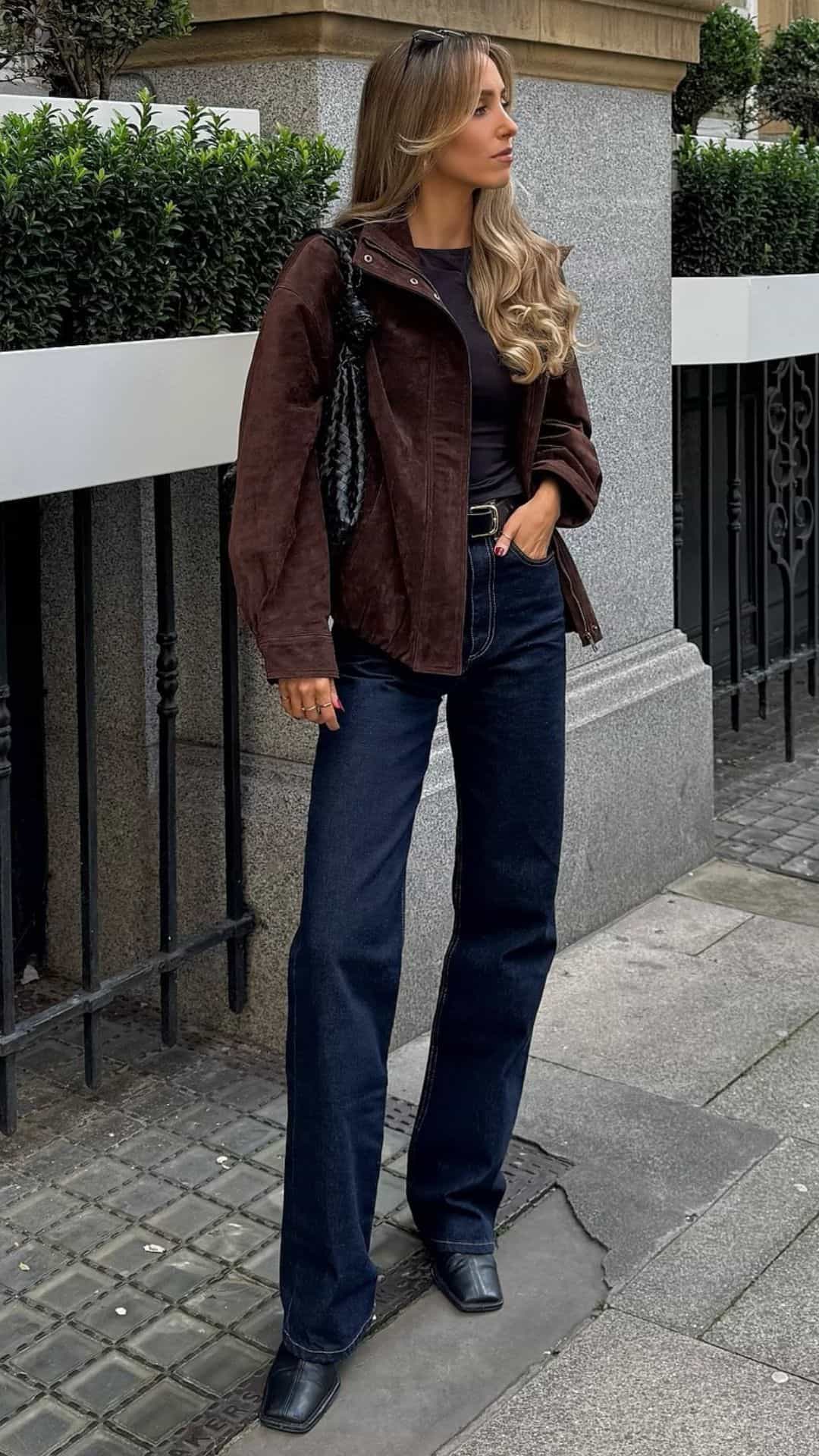 Casual chic with brown jacket and jeans