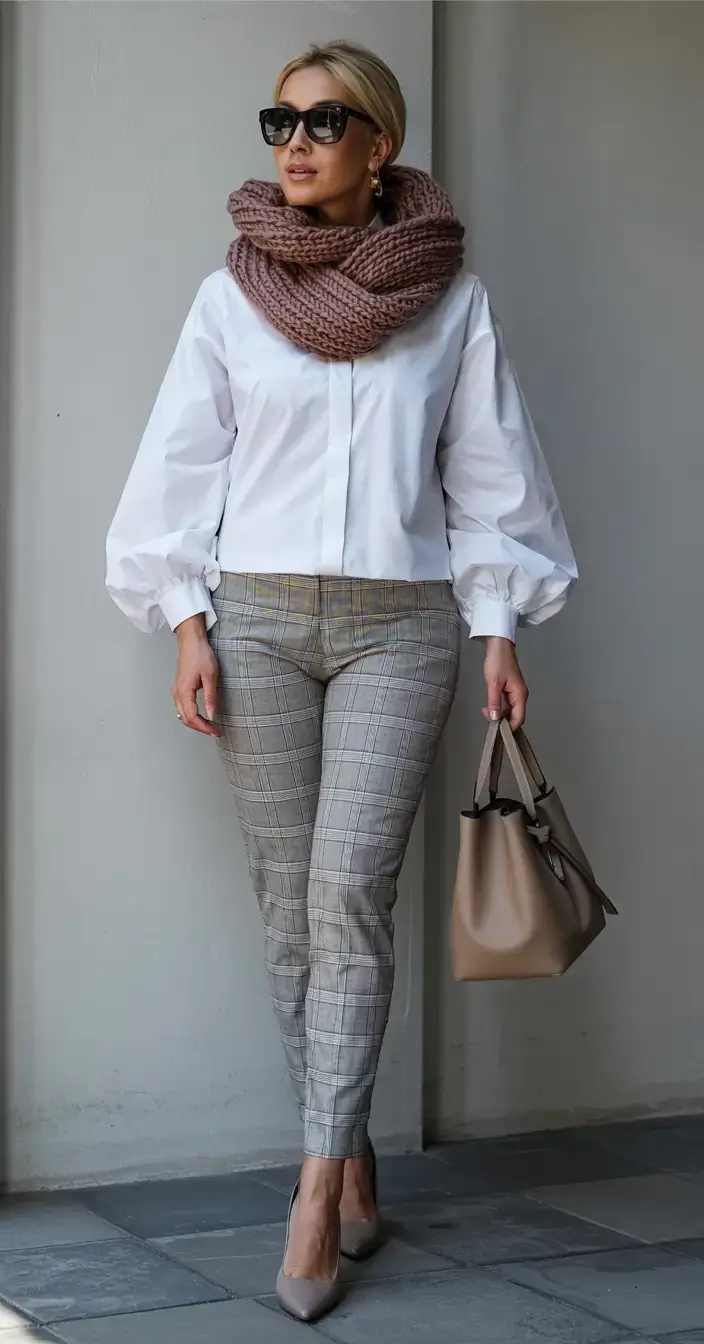 Elegant plaid pants with white puff-sleeve shirt