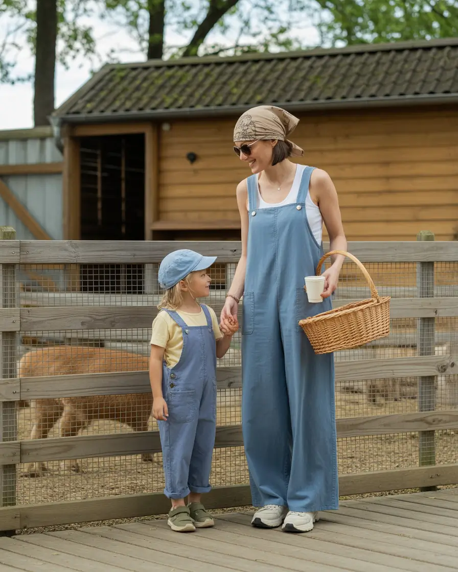 Matching denim overalls for mother and child