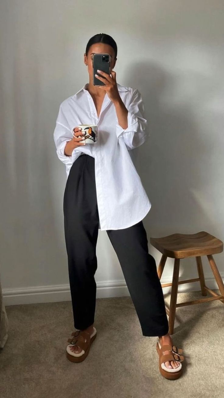 Minimalist monochrome with white shirt and black pants