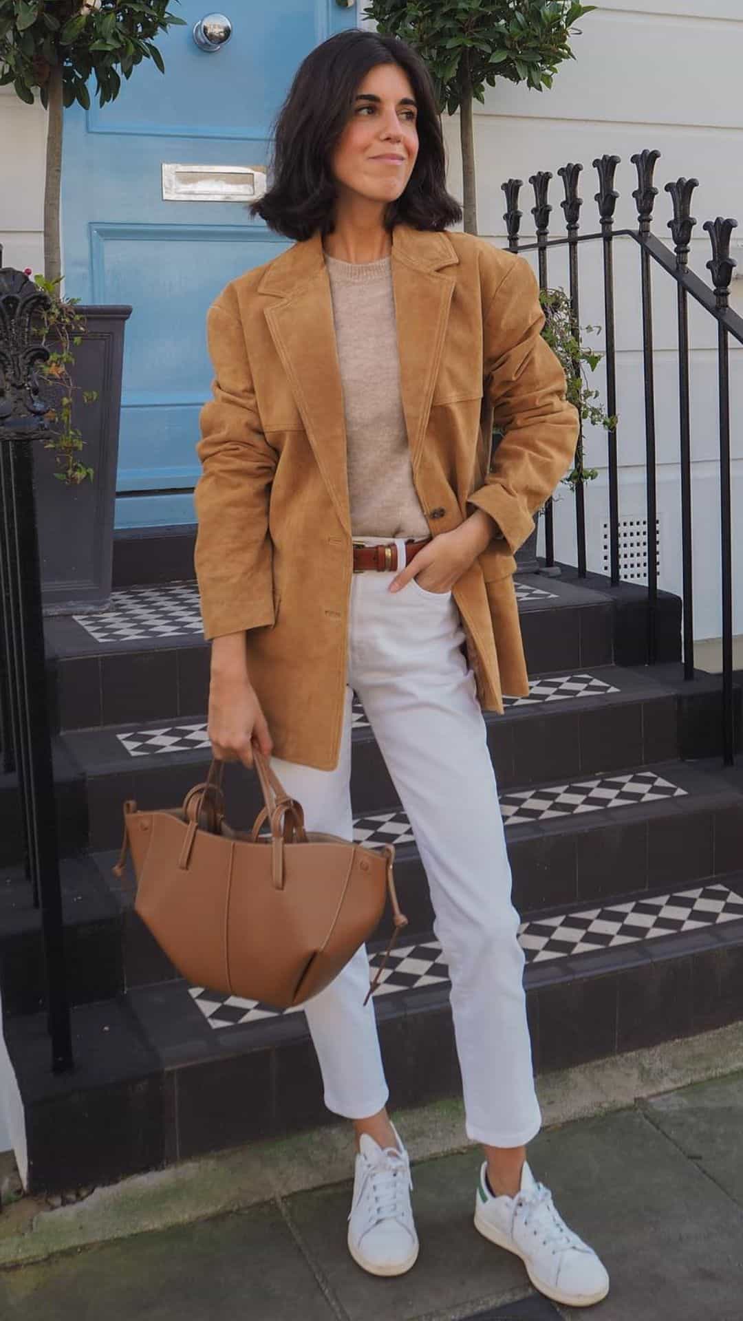 Camel blazer with white jeans and sneakers