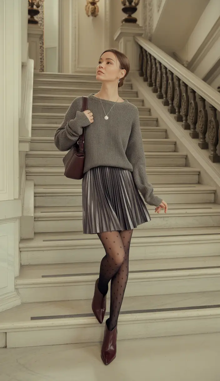 Grey sweater with pleated skirt and polka dot tights