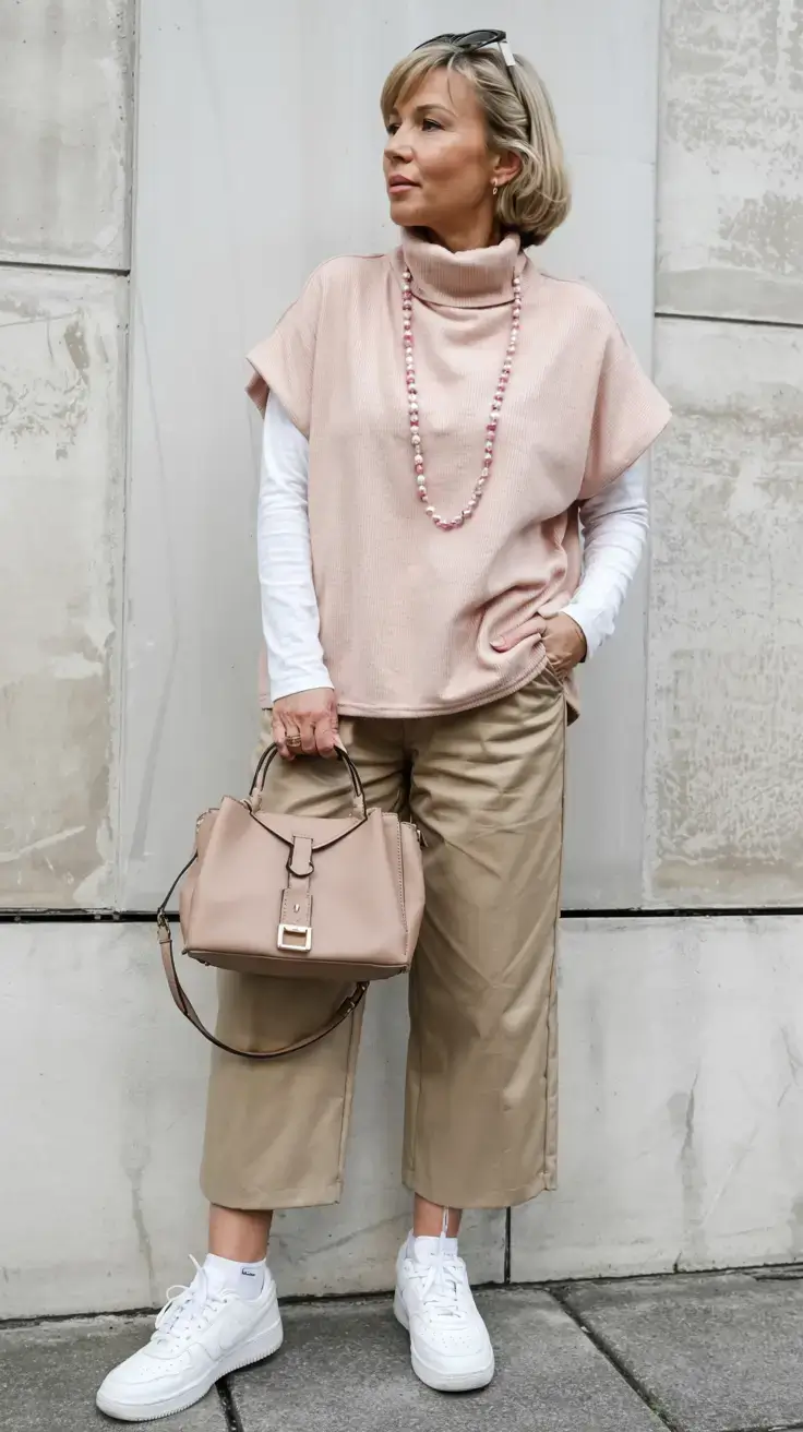 Layered neutrals with pink top and beige pants
