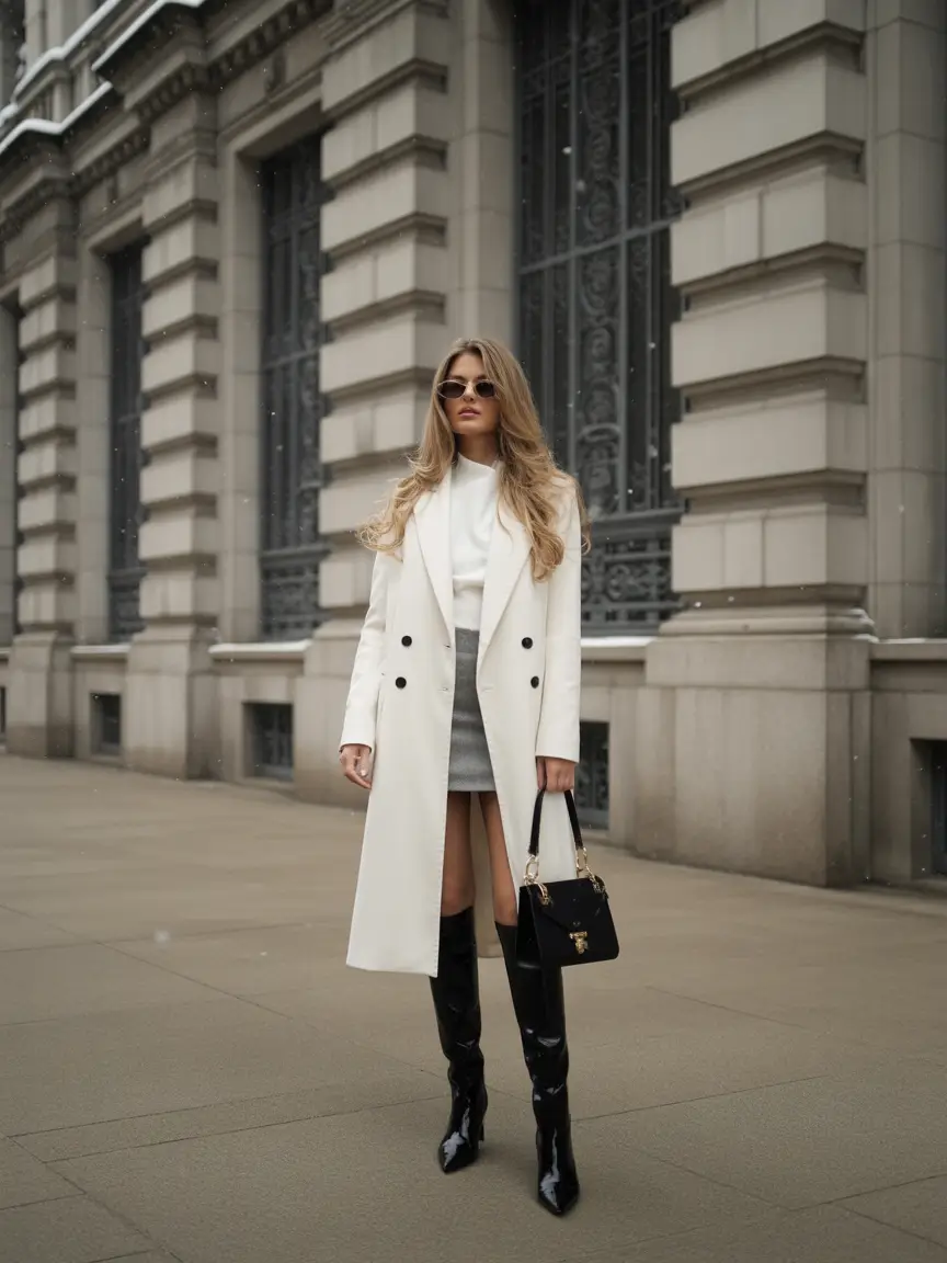 White coat with grey skirt and boots