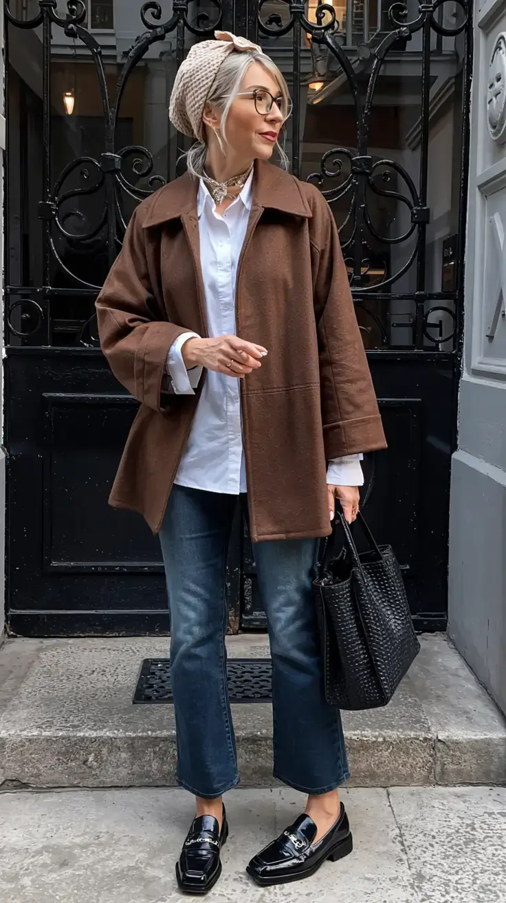 Brown coat with jeans and loafers