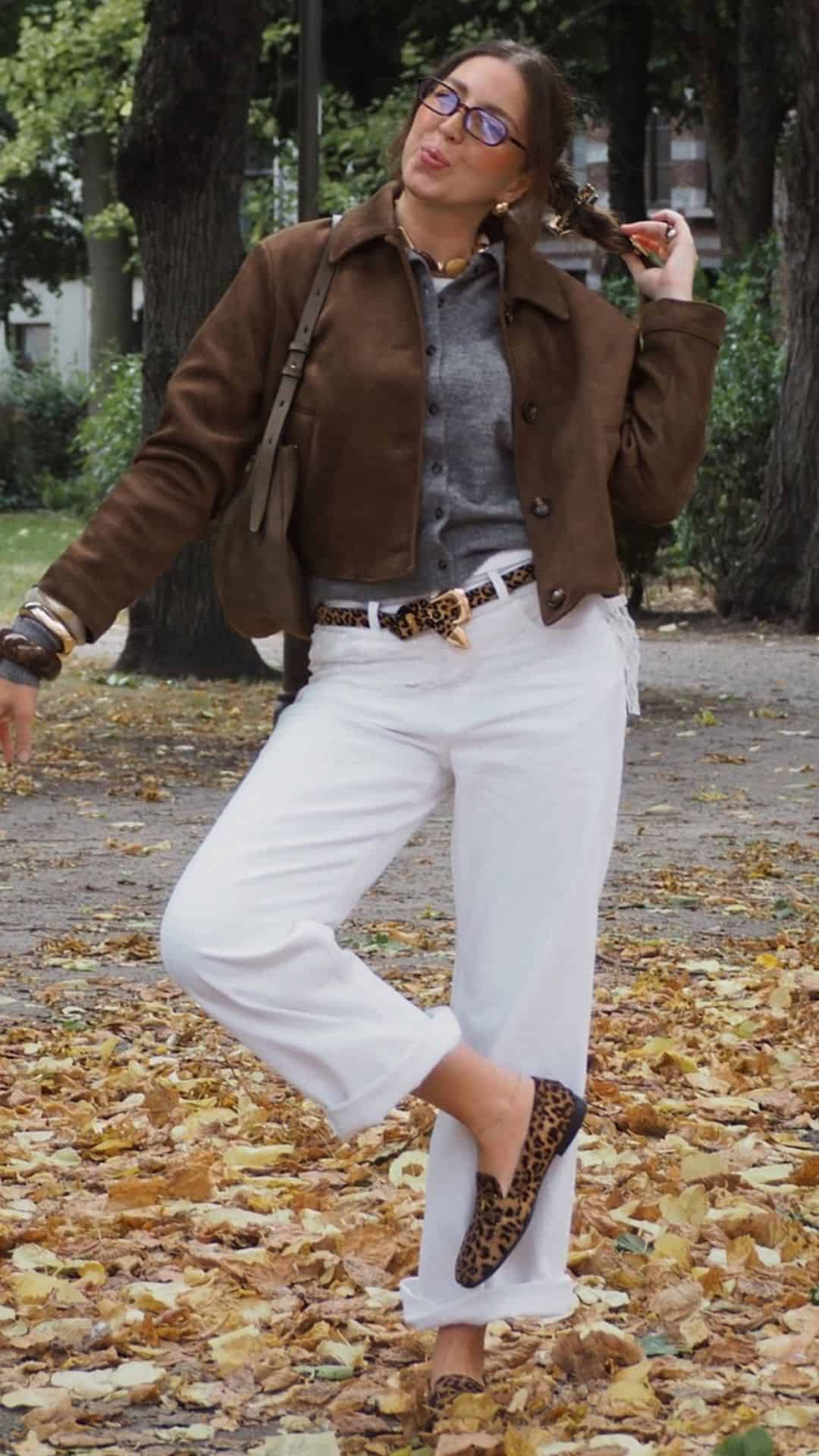 Brown jacket with white pants and loafers
