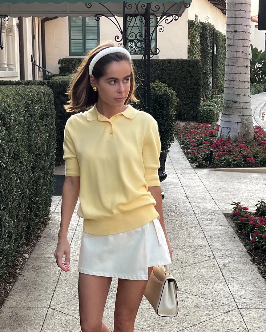 Yellow sweater with white skirt and headband