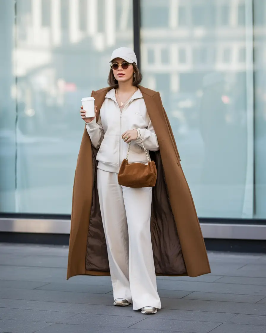 White tracksuit with camel coat and cap