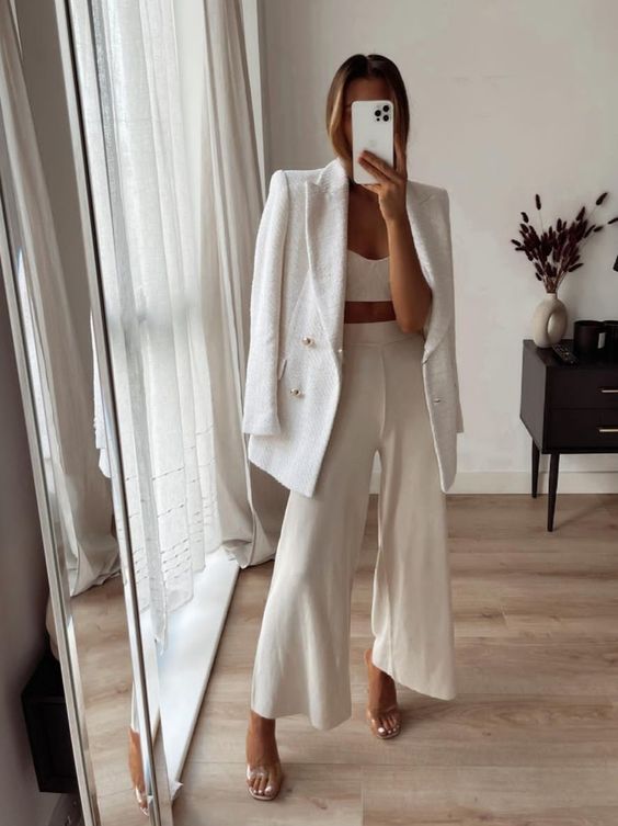 White textured blazer with wide-leg pants