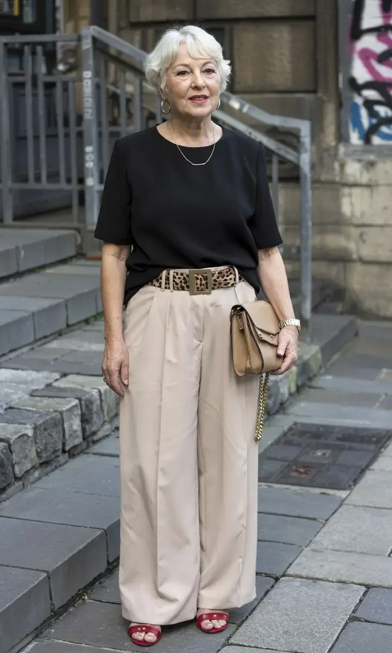 Black top with beige trousers and red shoes