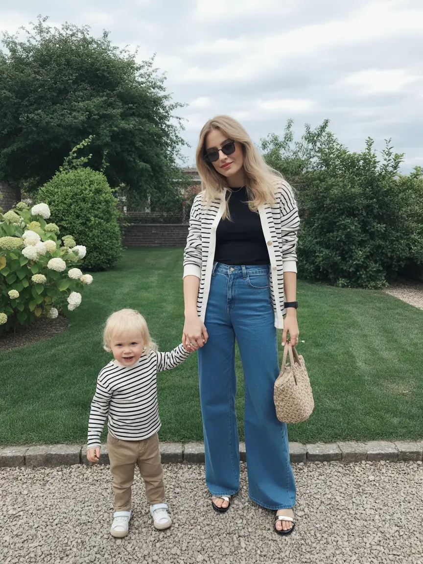 Striped top with jeans, matching child outfit