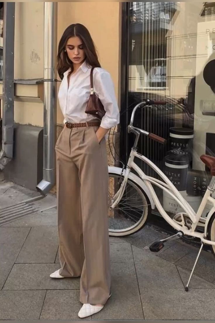 White shirt with high-waisted trousers