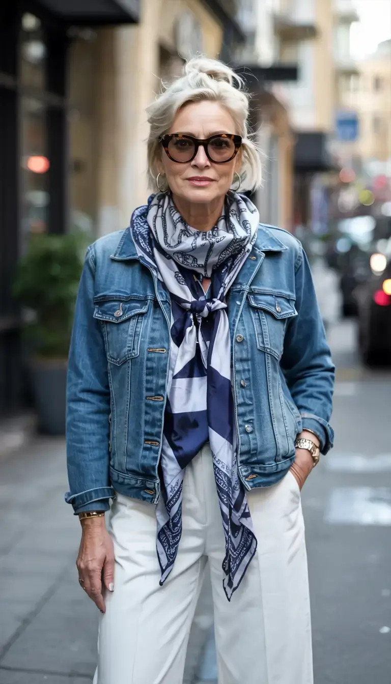 Denim jacket with scarf and white trousers