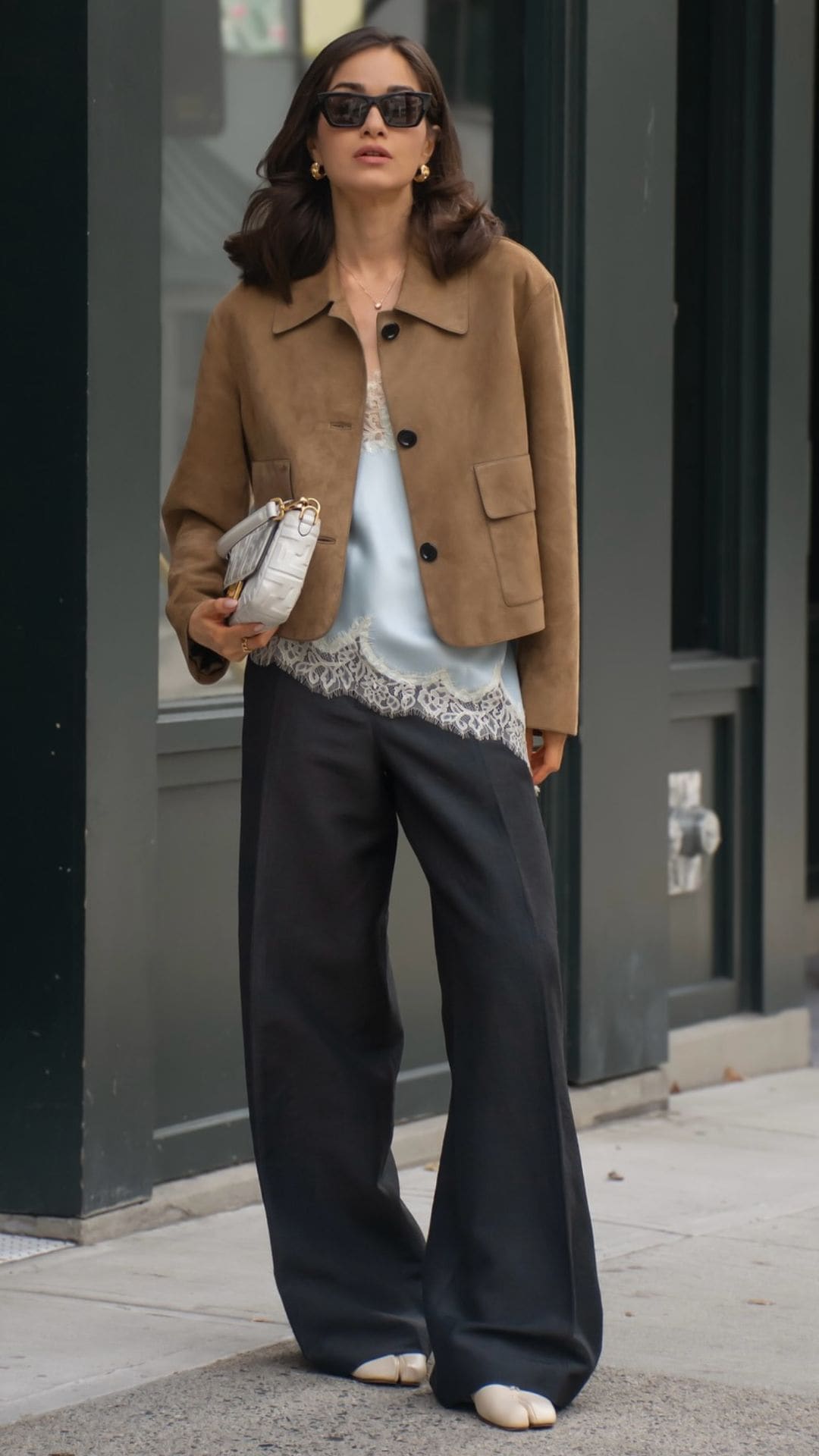 Brown jacket with silk top and wide-leg pants