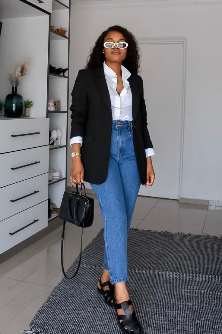 Timeless black and white outfit with structured blazer