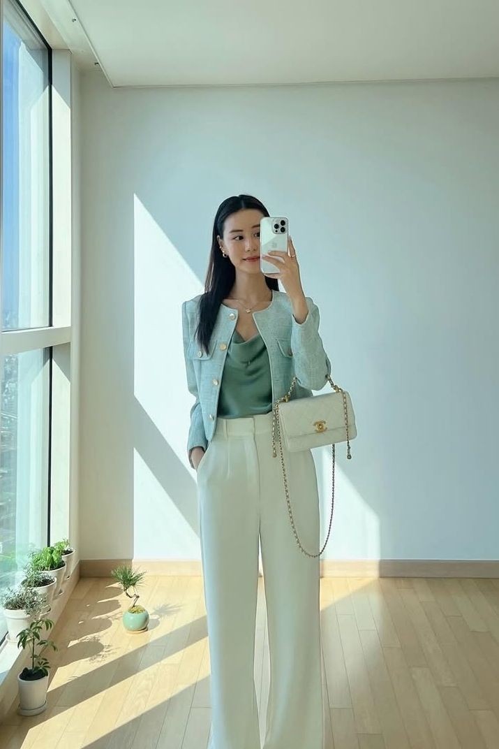 Soft pastel outfit with tailored lines