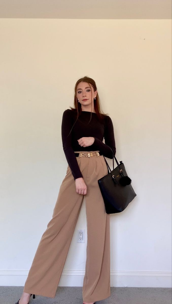 Camel trousers with black top, chic workwear