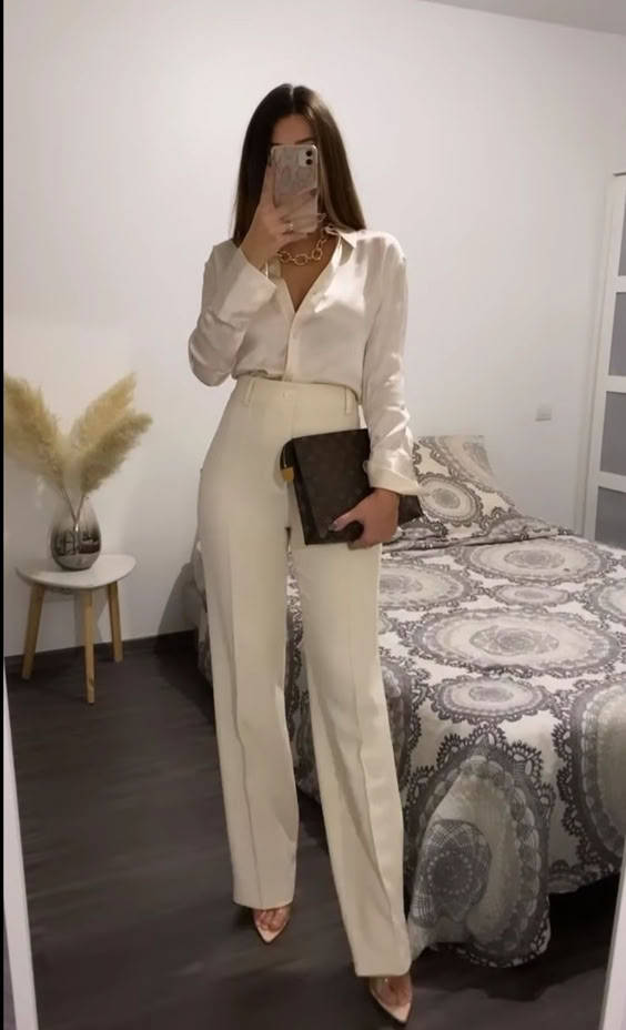 Cream silk shirt with tailored pants