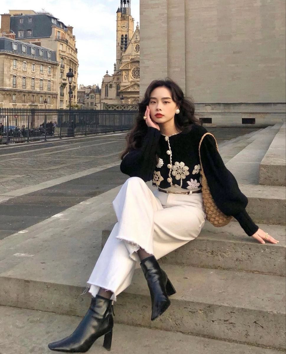 Embroidered sweater with white jeans