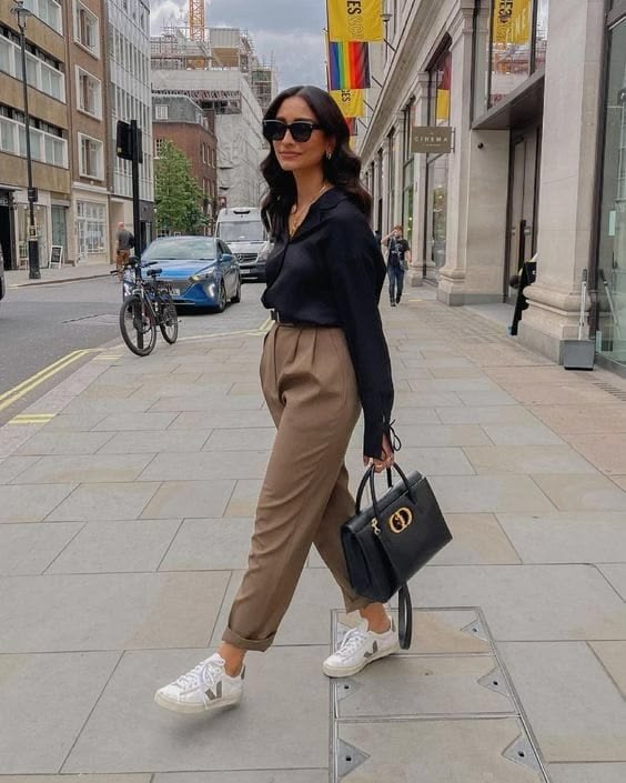Neutral street style with tailored pants