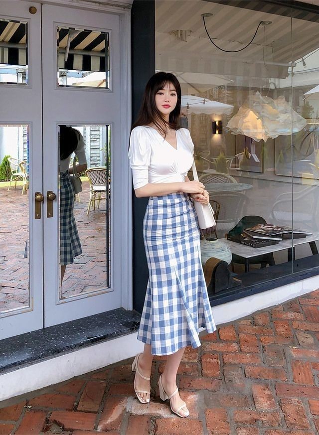 Gingham skirt with white top