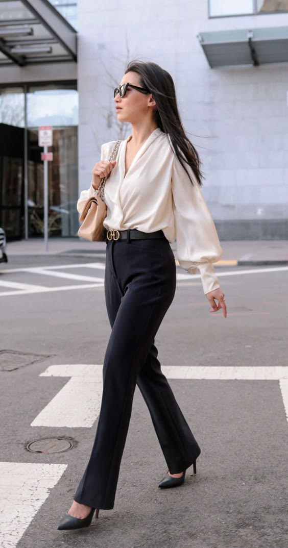 Satin blouse with black trousers
