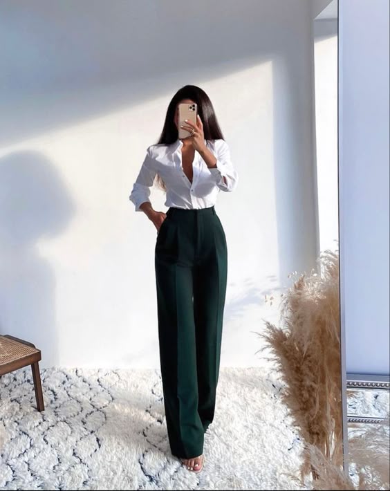 White shirt with green trousers