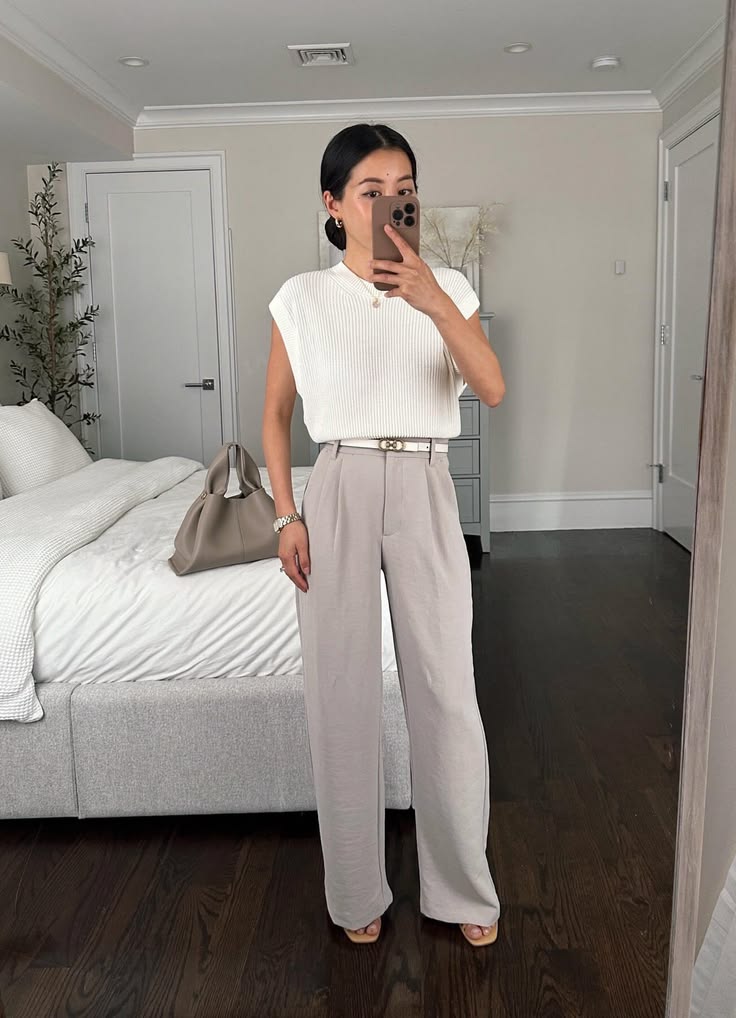 Neutral sleeveless top with wide-leg pants